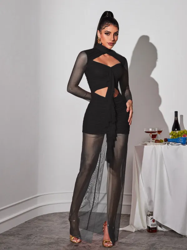 Bedelia Long Sleeve Cutout Mesh Maxi Dress In Black sold by Mew Mews