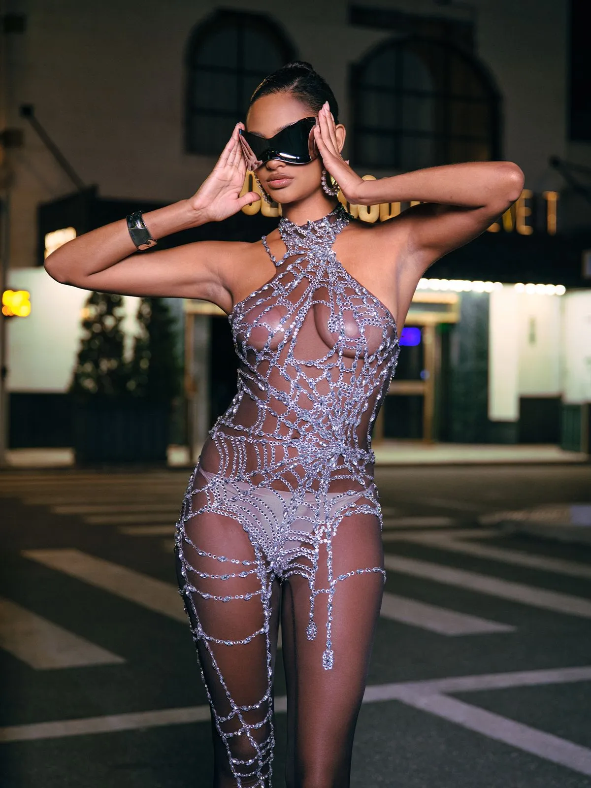 Siesen Cutout Cobweb Rhinestone Mesh Jumpsuit In Black sold by Mew Mews product image thumbnail 5
