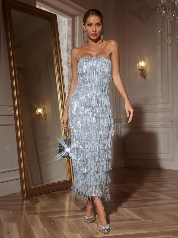 Gerardi Strapless Sequin Fringe Midi Dress sold by Mew Mews