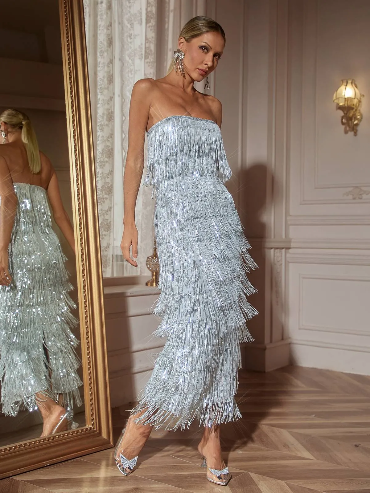 Gerardi Strapless Sequin Fringe Midi Dress sold by Mew Mews product image thumbnail 2