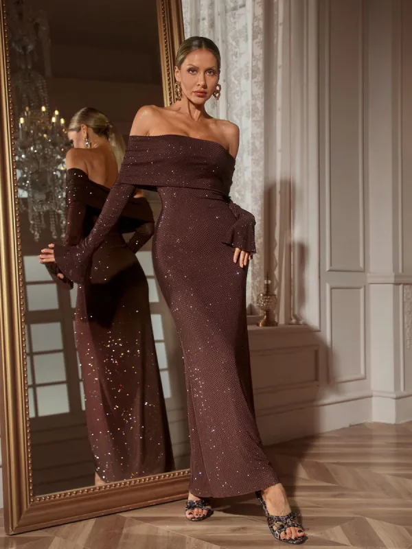 Yanira Off Sleeve Crystal Maxi Dress sold by Mew Mews