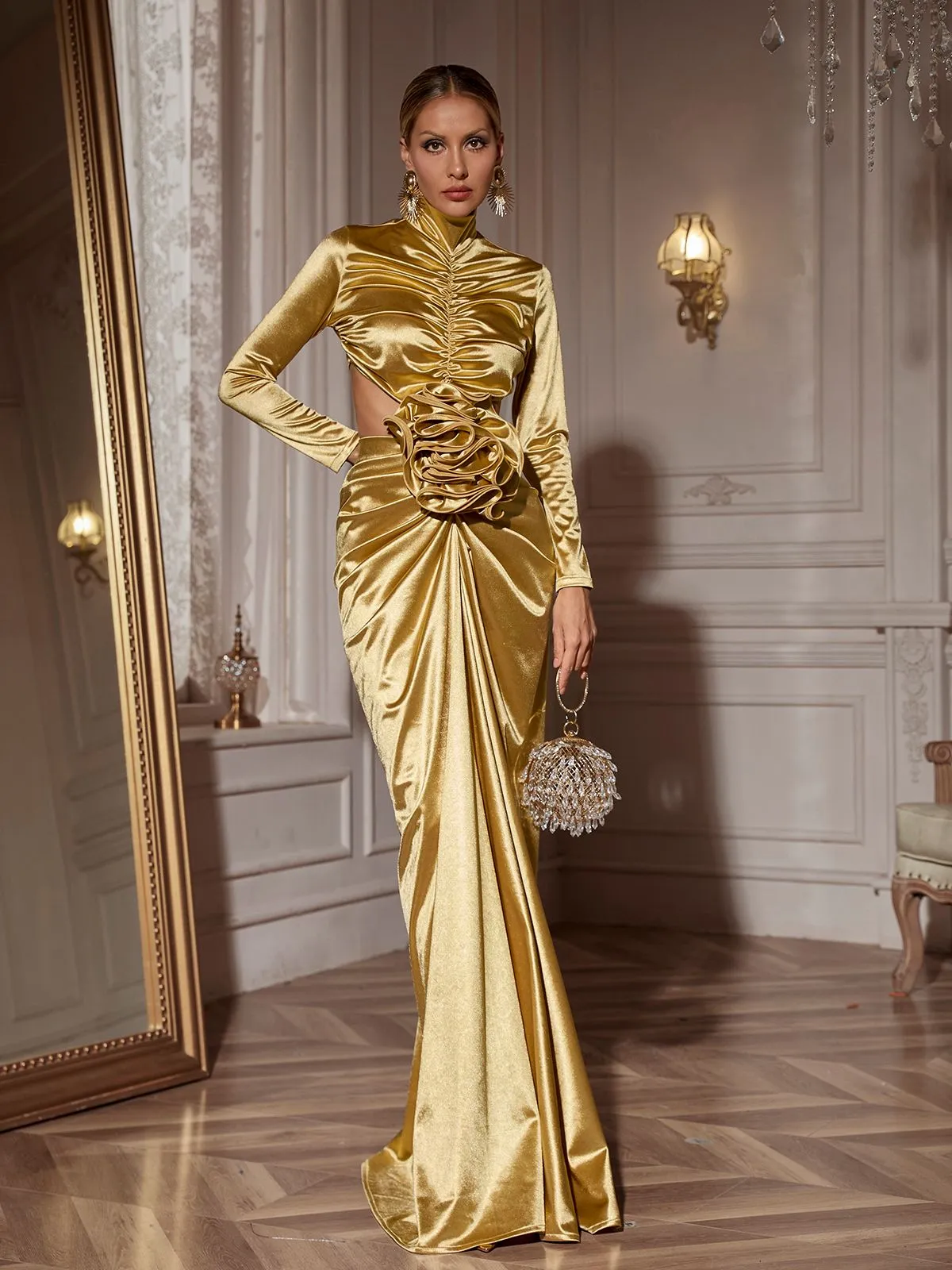 Renwick Long Sleeve Flower Cutout Maxi Dress In Gold sold by Mew Mews product image thumbnail 3