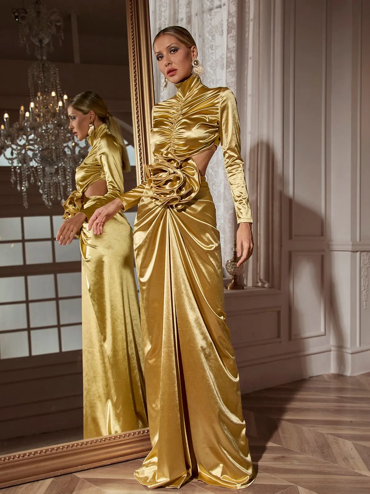 Renwick Long Sleeve Flower Cutout Maxi Dress In Gold sold by Mew Mews product image thumbnail 5