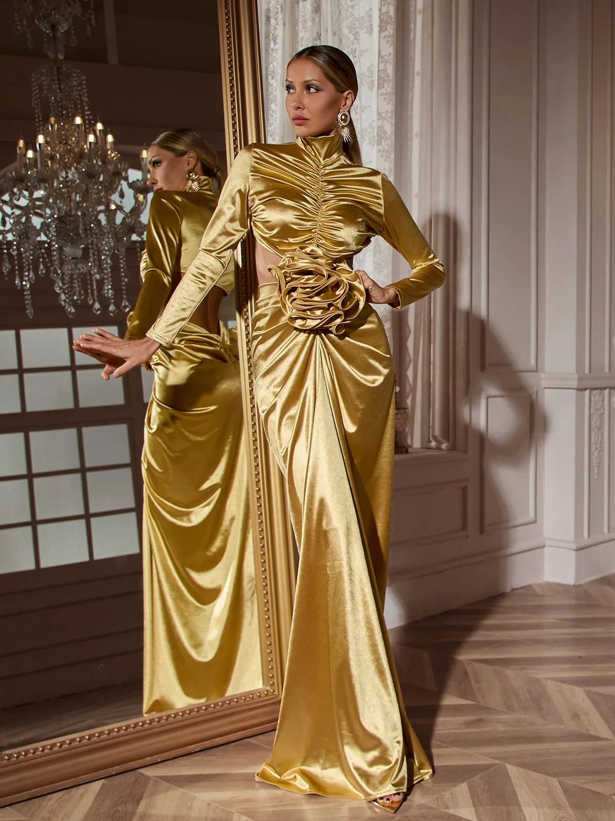 Renwick Long Sleeve Flower Cutout Maxi Dress In Gold sold by Mew Mews product image thumbnail 4