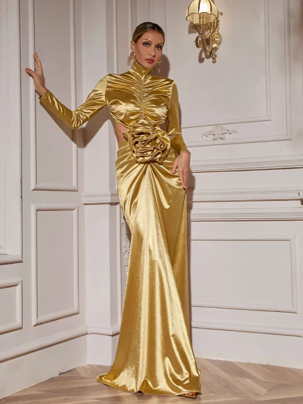 Renwick Long Sleeve Flower Cutout Maxi Dress In Gold sold by Mew Mews