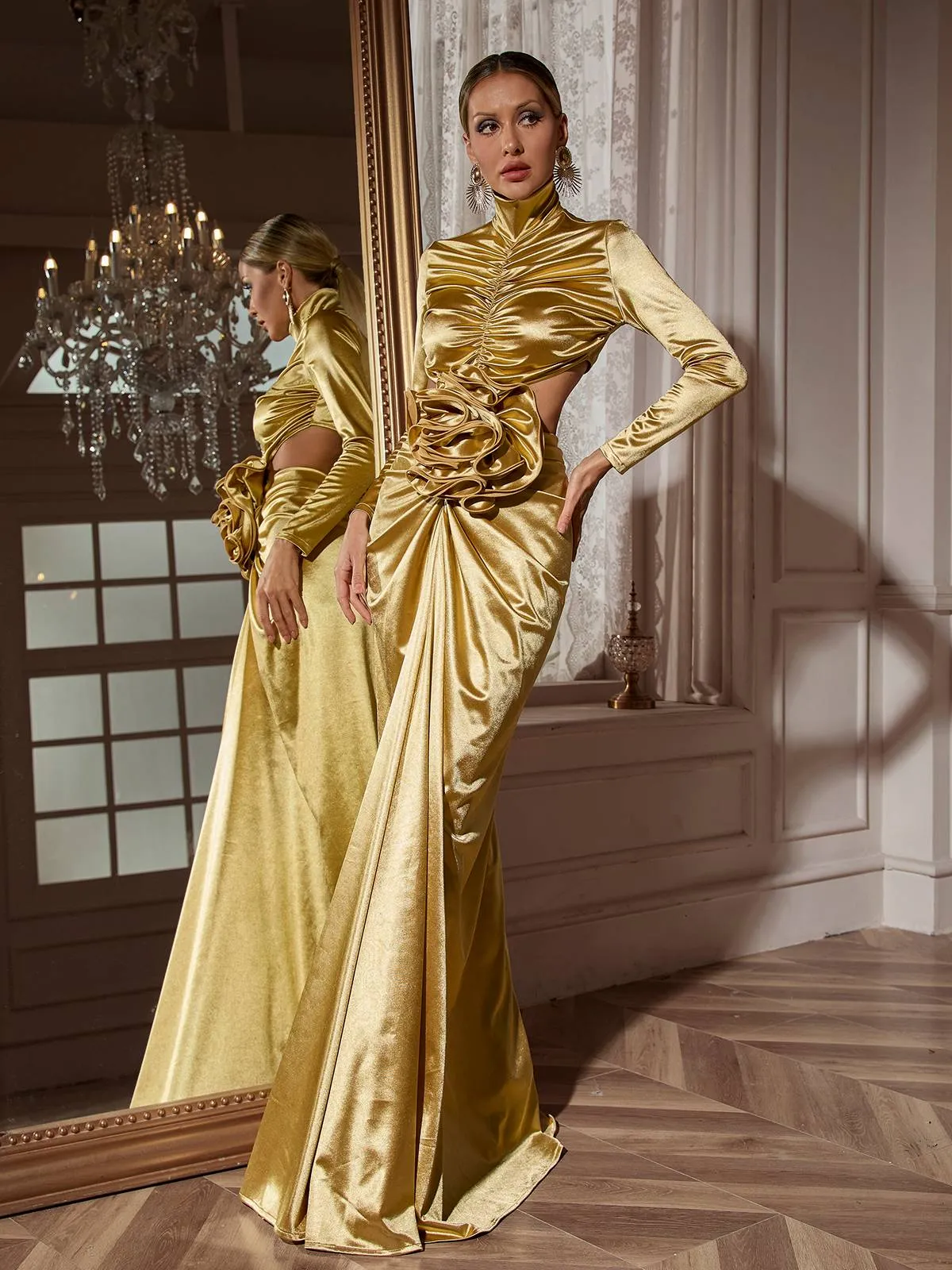 Renwick Long Sleeve Flower Cutout Maxi Dress In Gold sold by Mew Mews product image thumbnail 2