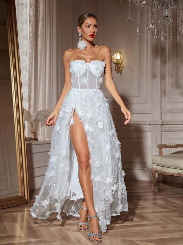 Filitsa Strapless Flower Mesh Split Maxi Dress sold by Mew Mews