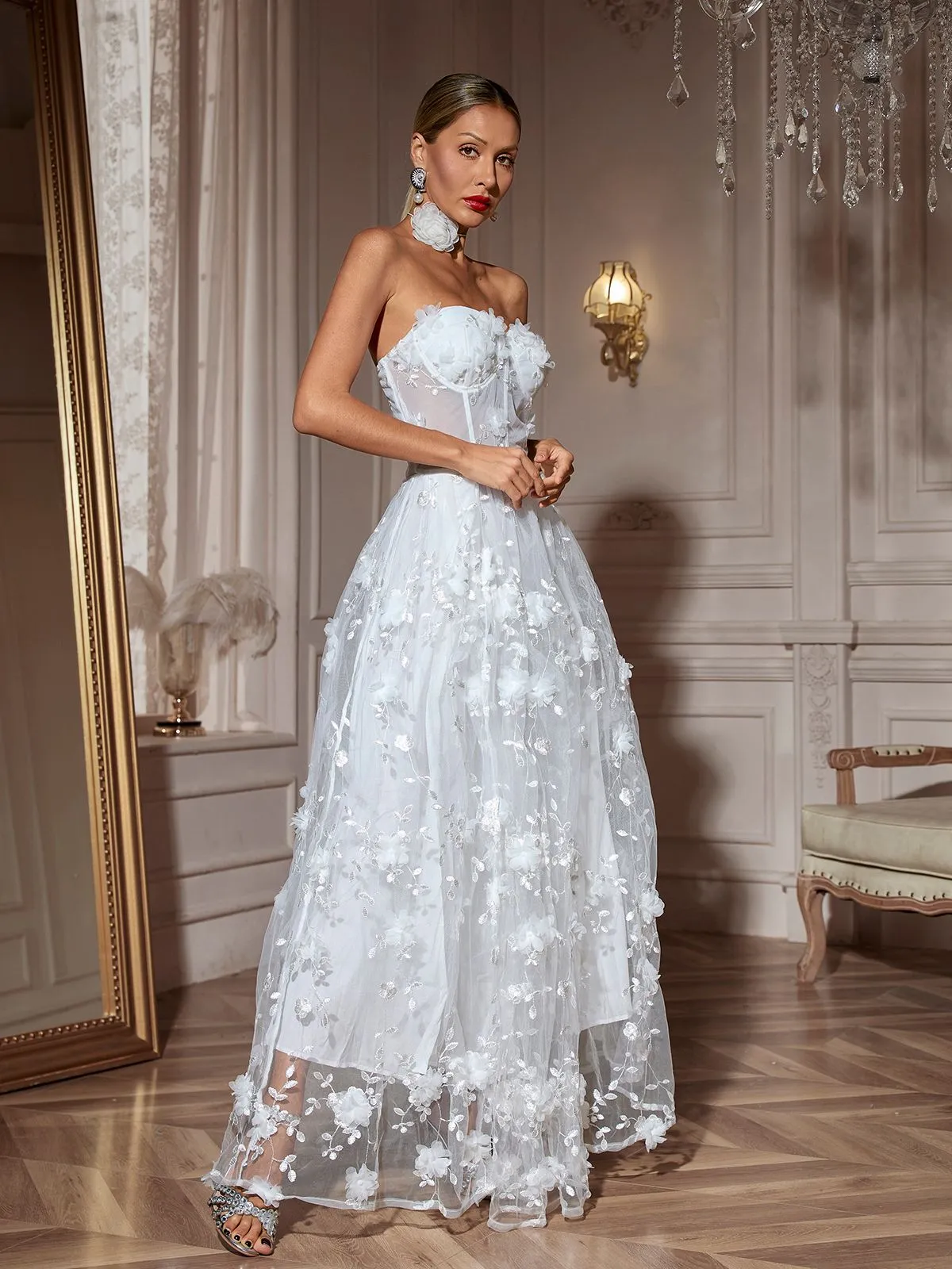 Filitsa Strapless Flower Mesh Split Maxi Dress sold by Mew Mews product image thumbnail 5