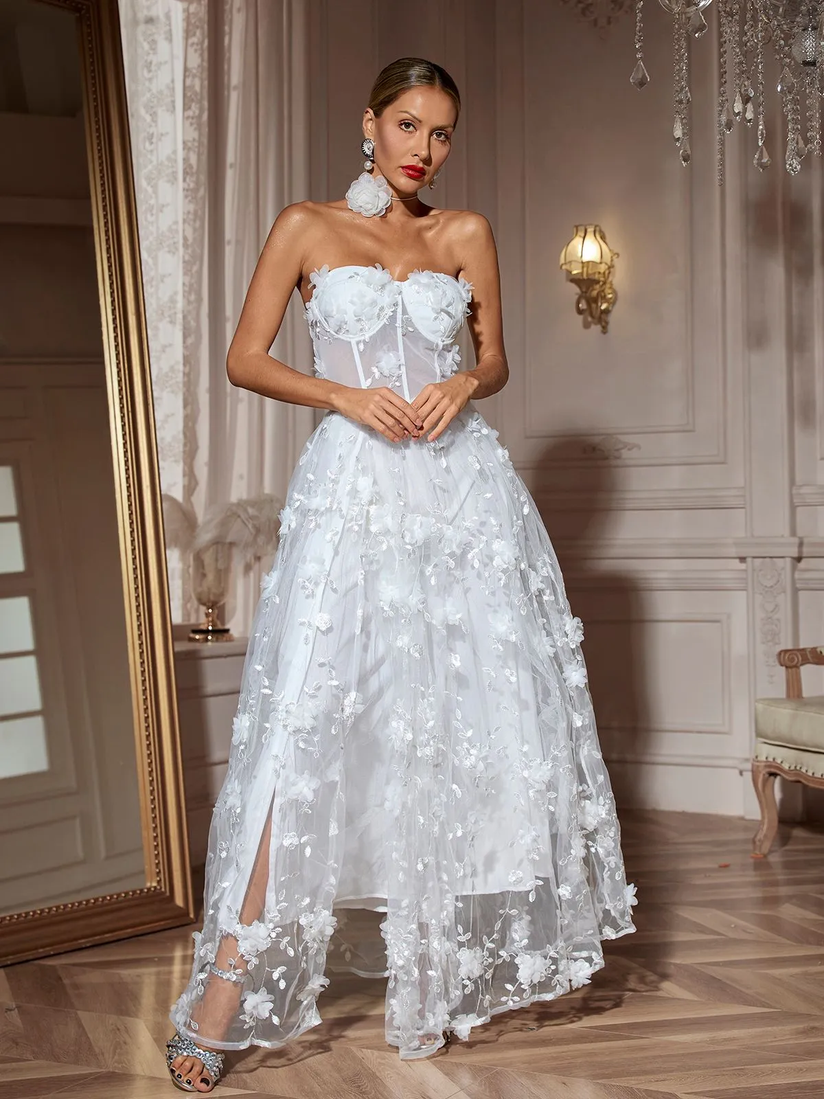 Filitsa Strapless Flower Mesh Split Maxi Dress sold by Mew Mews product image thumbnail 3