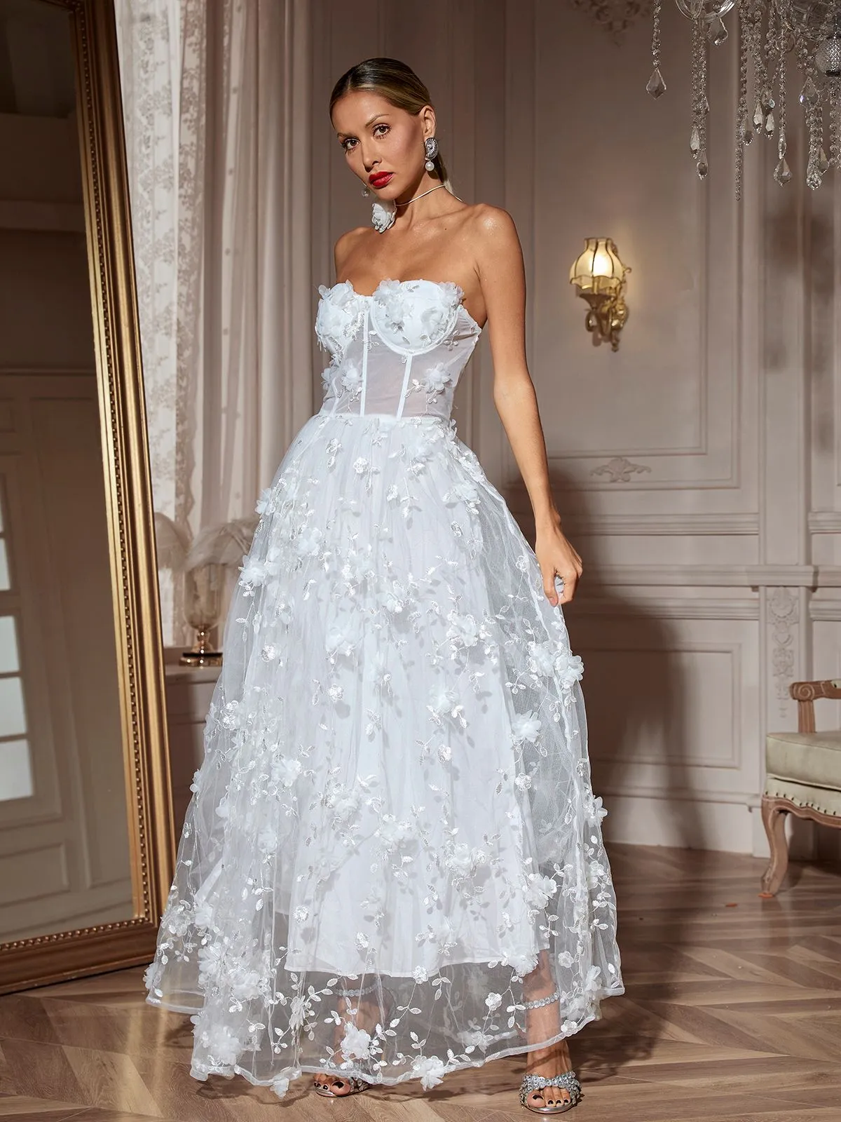 Filitsa Strapless Flower Mesh Split Maxi Dress sold by Mew Mews product image thumbnail 2