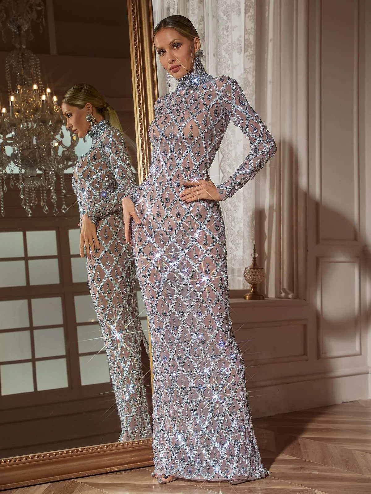 Liora Long Sleeve Sequin Crystal Maxi Dress In Silver sold by Mew Mews