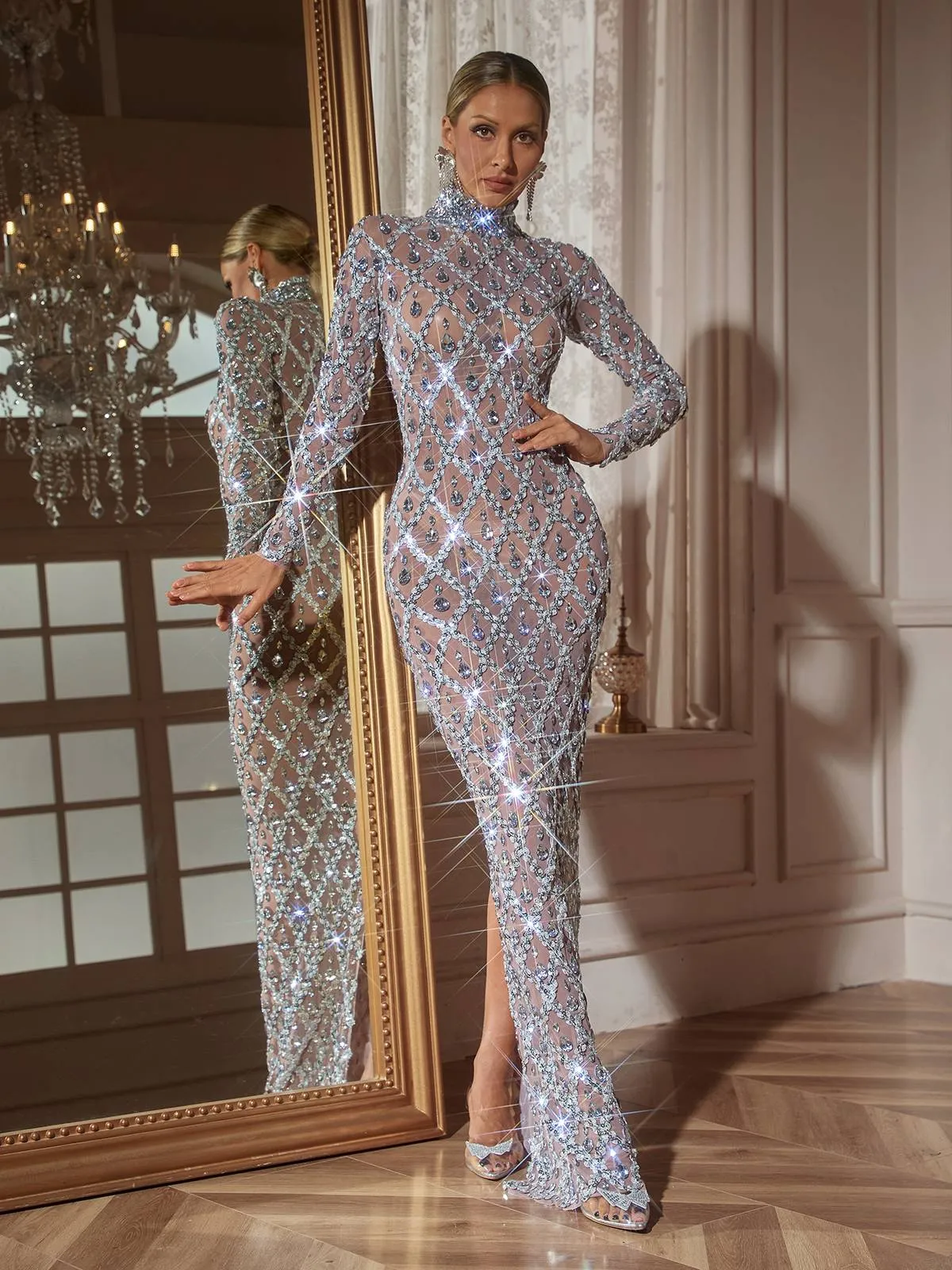 Liora Long Sleeve Sequin Crystal Maxi Dress In Silver sold by Mew Mews product image thumbnail 2