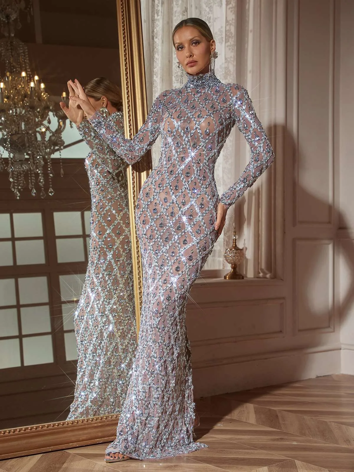 Liora Long Sleeve Sequin Crystal Maxi Dress In Silver sold by Mew Mews product image thumbnail 5