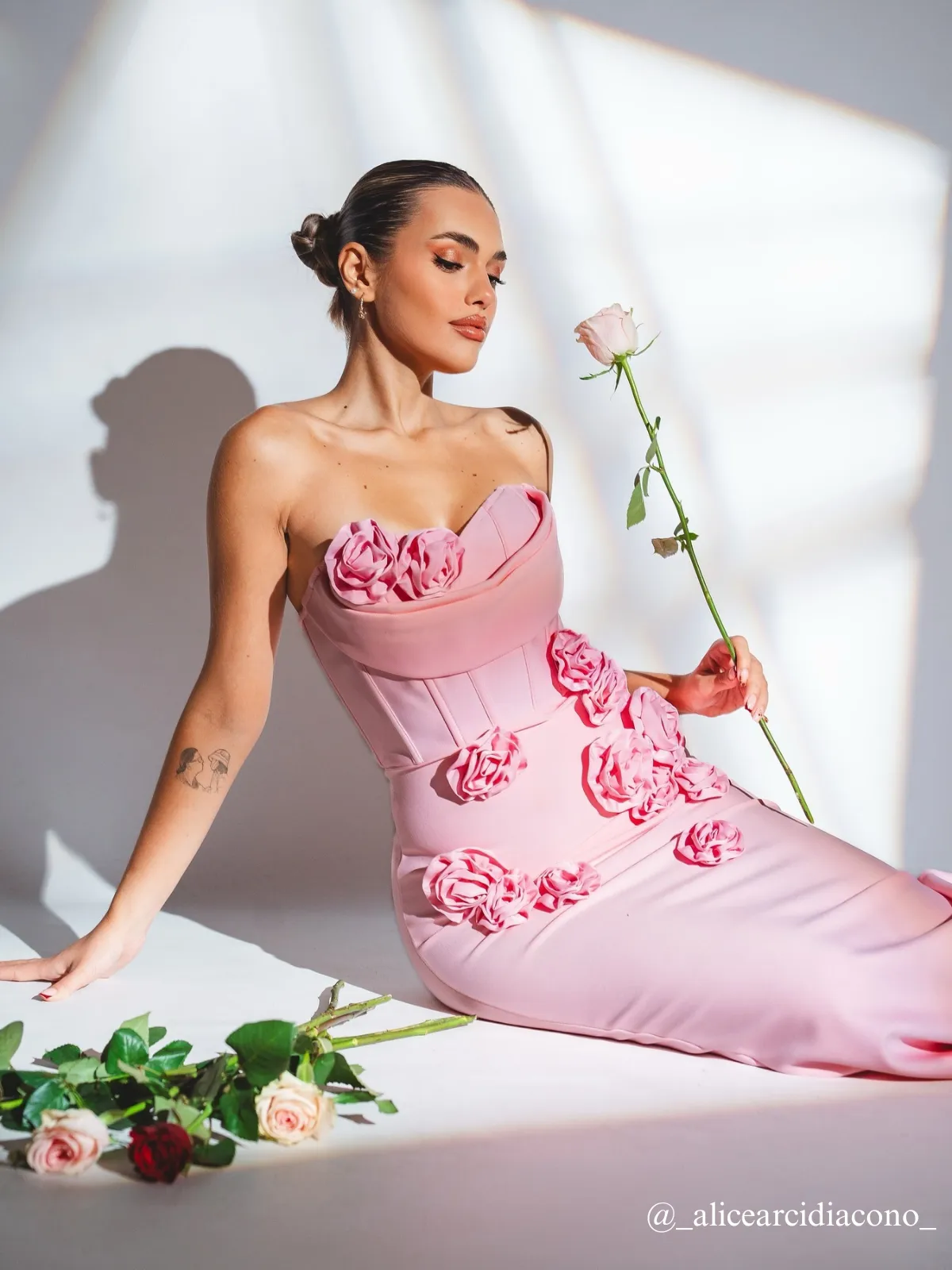 Arushi Strapless Flower Bandage Dress In Pink sold by Mew Mews