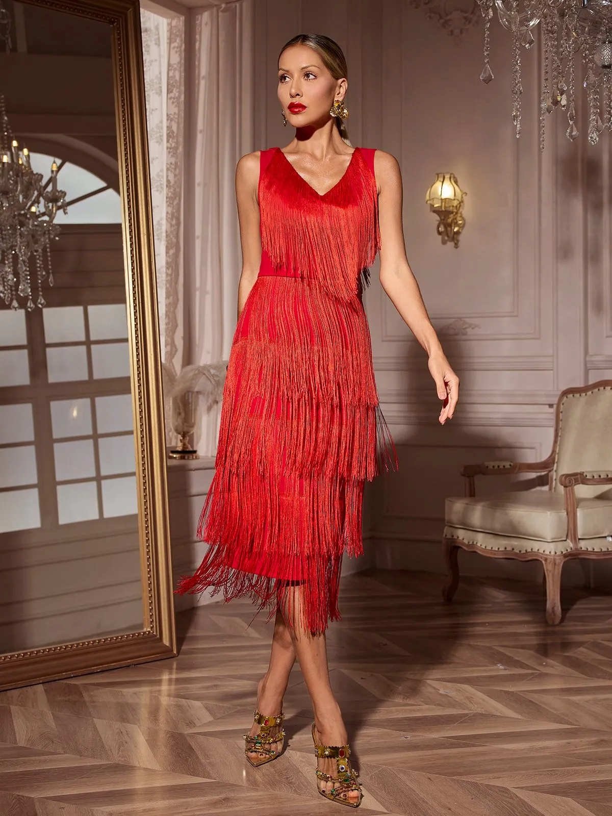 Sheadon V Neck Fringe Midi Dress sold by Mew Mews product image thumbnail 3