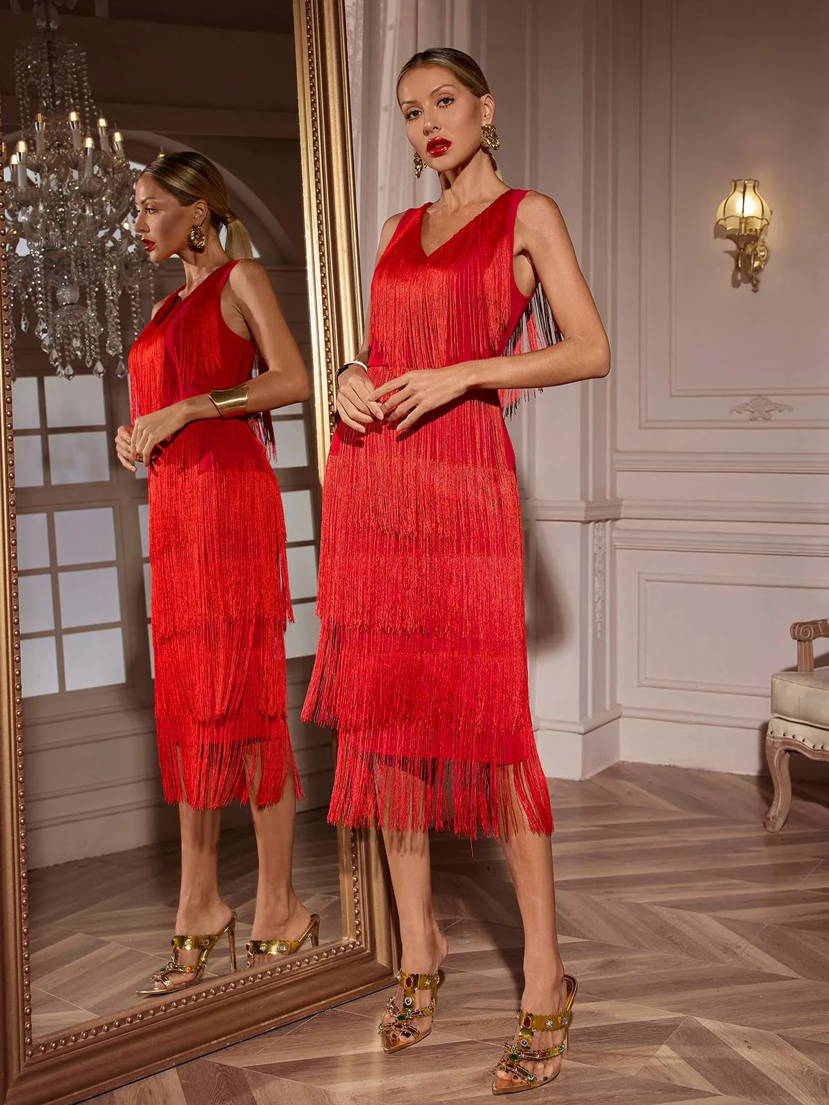 Sheadon V Neck Fringe Midi Dress sold by Mew Mews product image thumbnail 4
