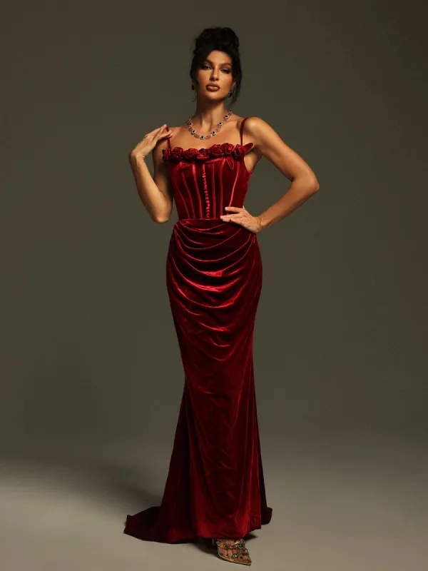 Mckay Spaghetti Flower Velvet Maxi Dress sold by Mew Mews