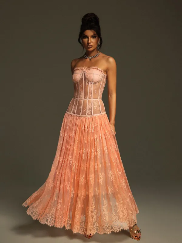 Juric Strapless Lace Mesh Maxi Dress sold by Mew Mews