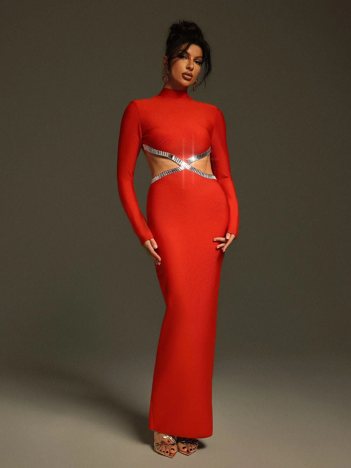 Ephai Rhinestone Cutout Bandage Dress In Red sold by Mew Mews