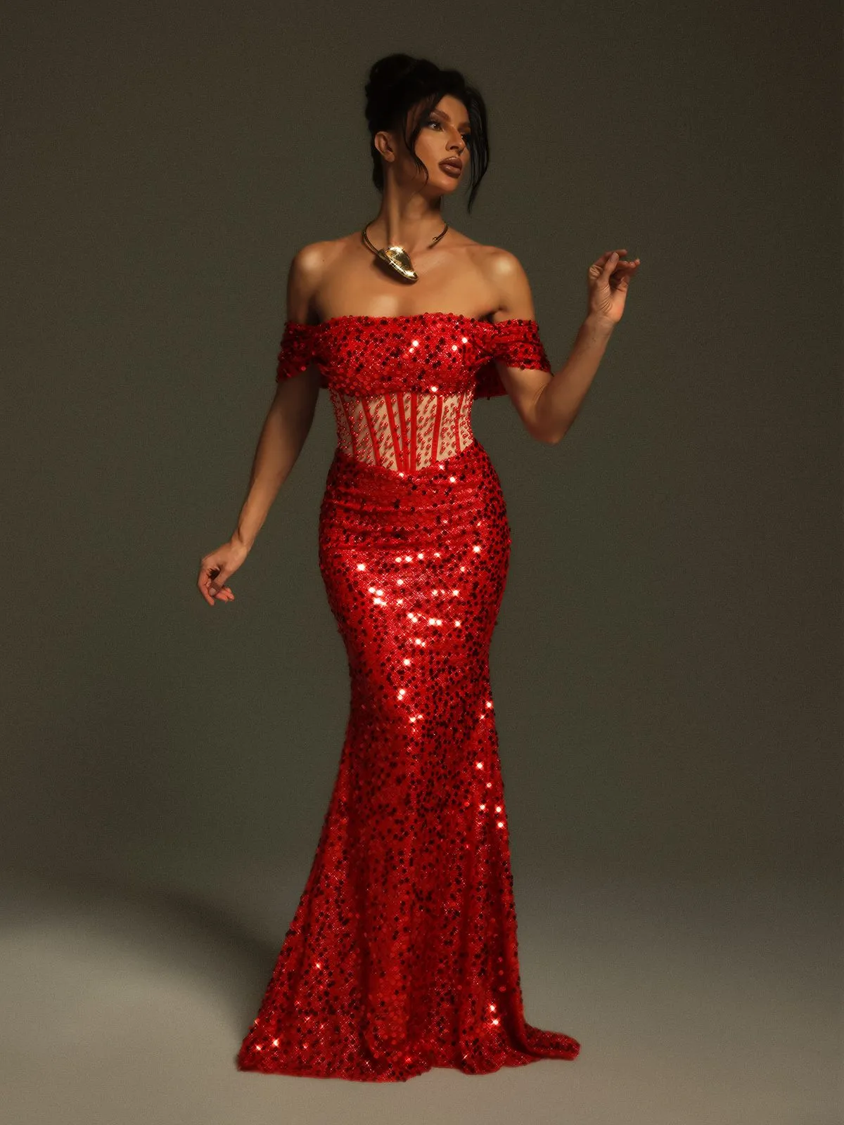 Christena Off Shoulder Sequin Corset Maxi Dress sold by Mew Mews