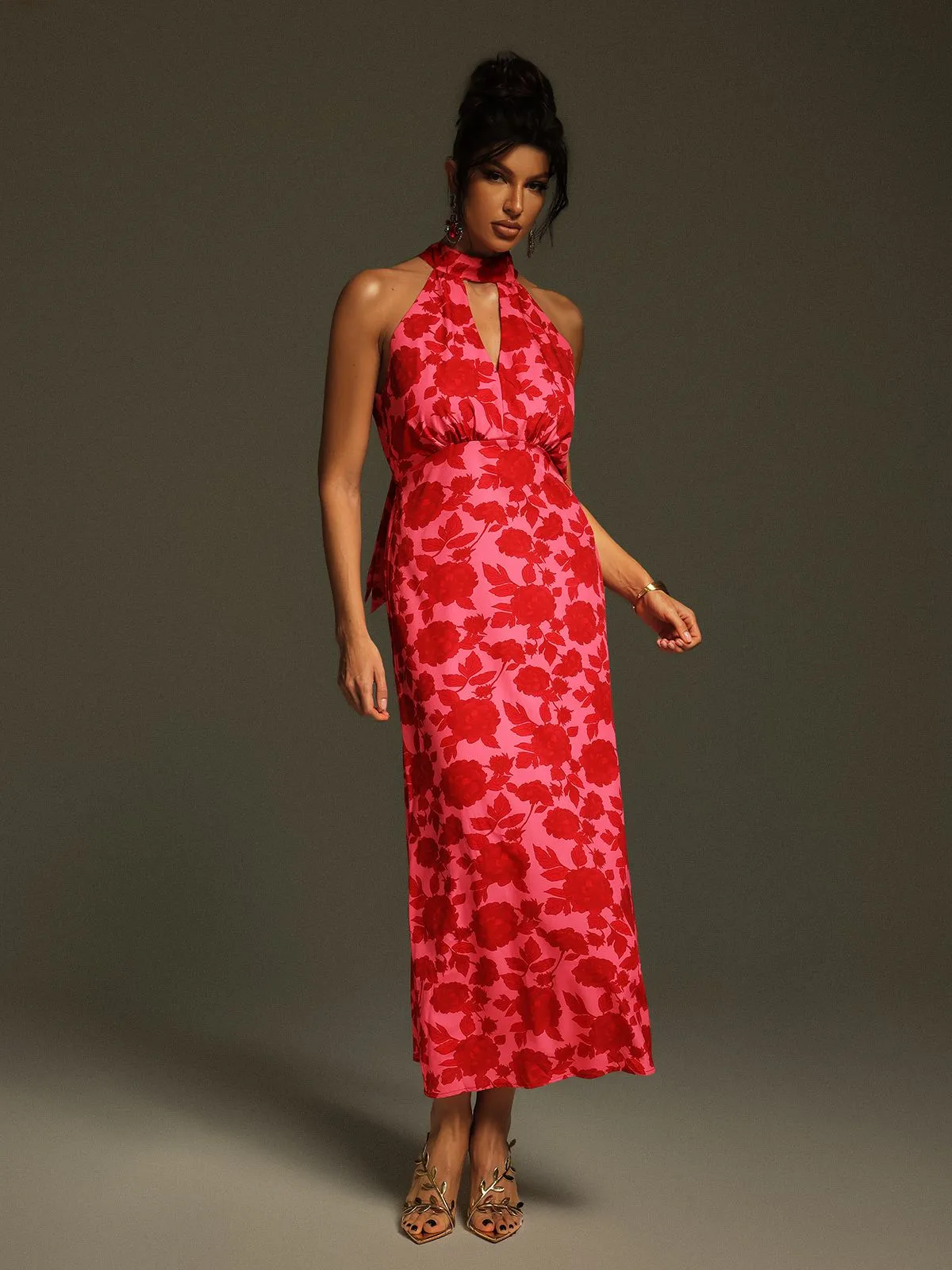 Jacki Halterneck Floral Cutout Midi Dress sold by Mew Mews