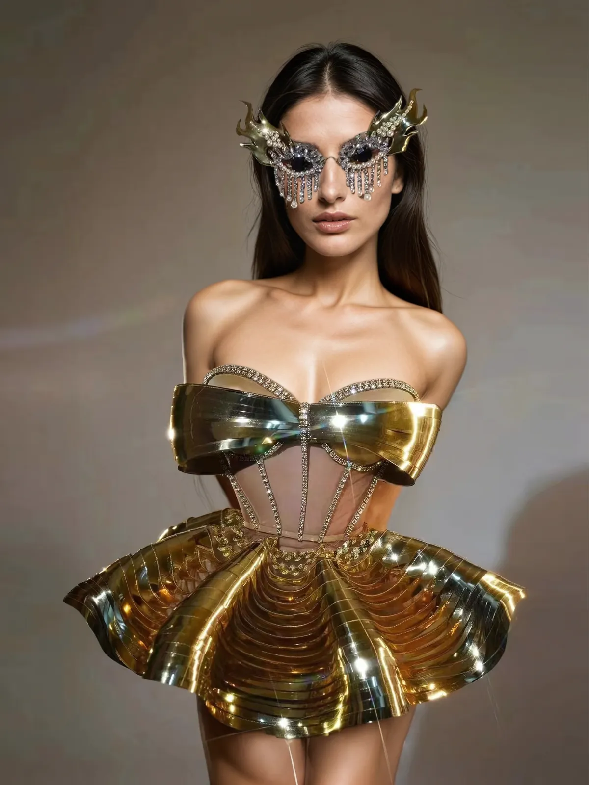 Kretska Crystal Metallic Skirt Set In Gold sold by Mew Mews