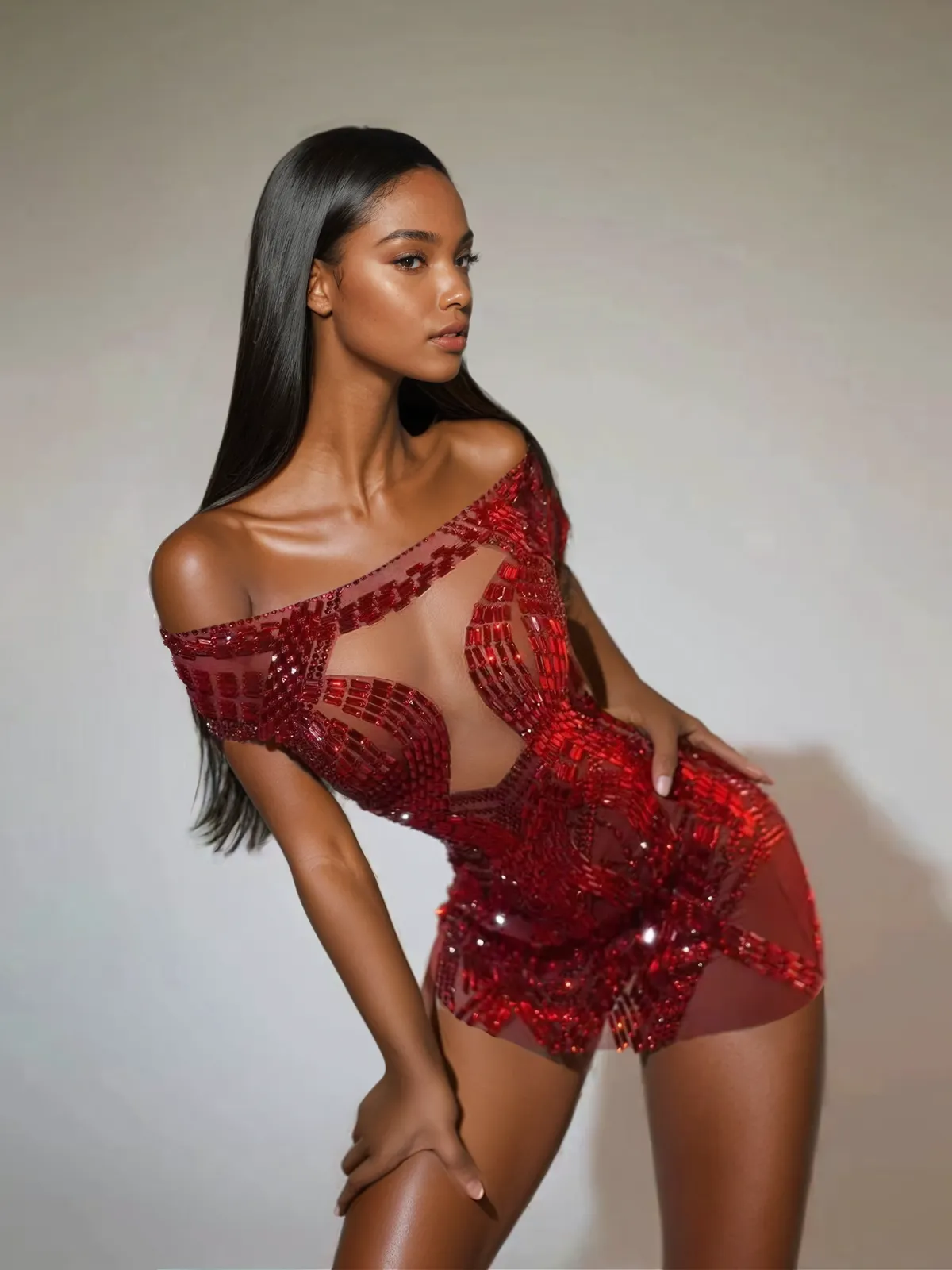 Bly Off Shoulder Rhinestone Mini Dress In Red sold by Mew Mews product image thumbnail 2