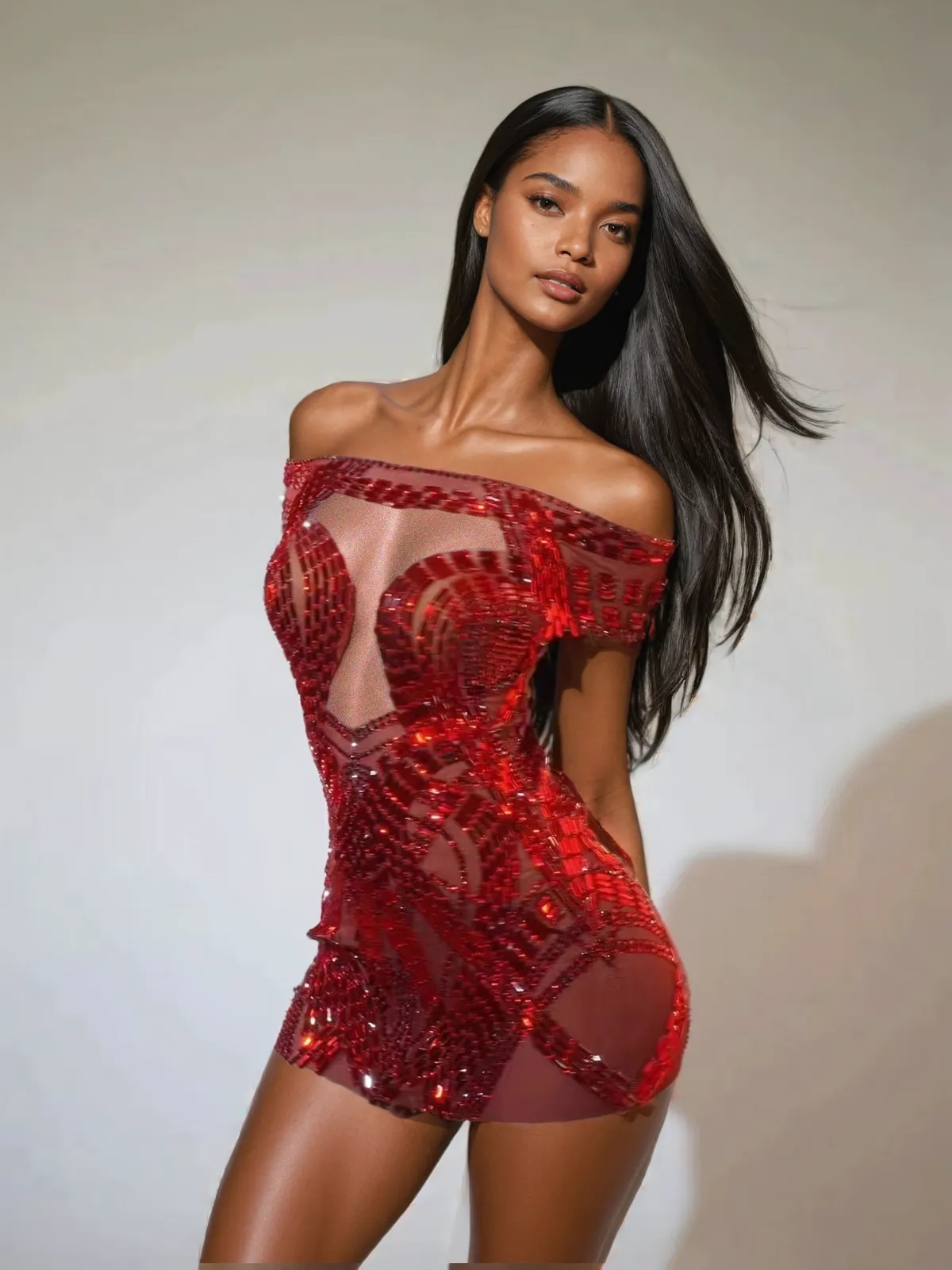 Bly Off Shoulder Rhinestone Mini Dress In Red sold by Mew Mews