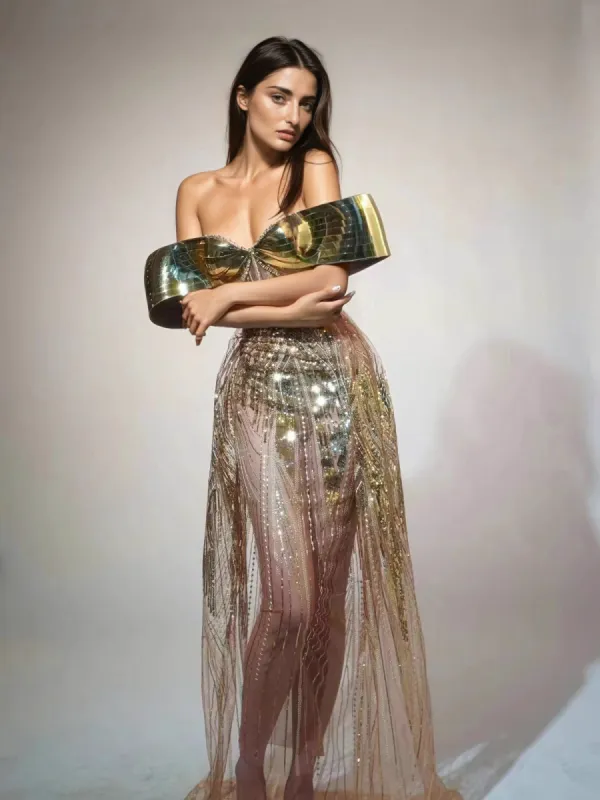 Daryle Off Shoulder Sequin Split Maxi Dress sold by Mew Mews
