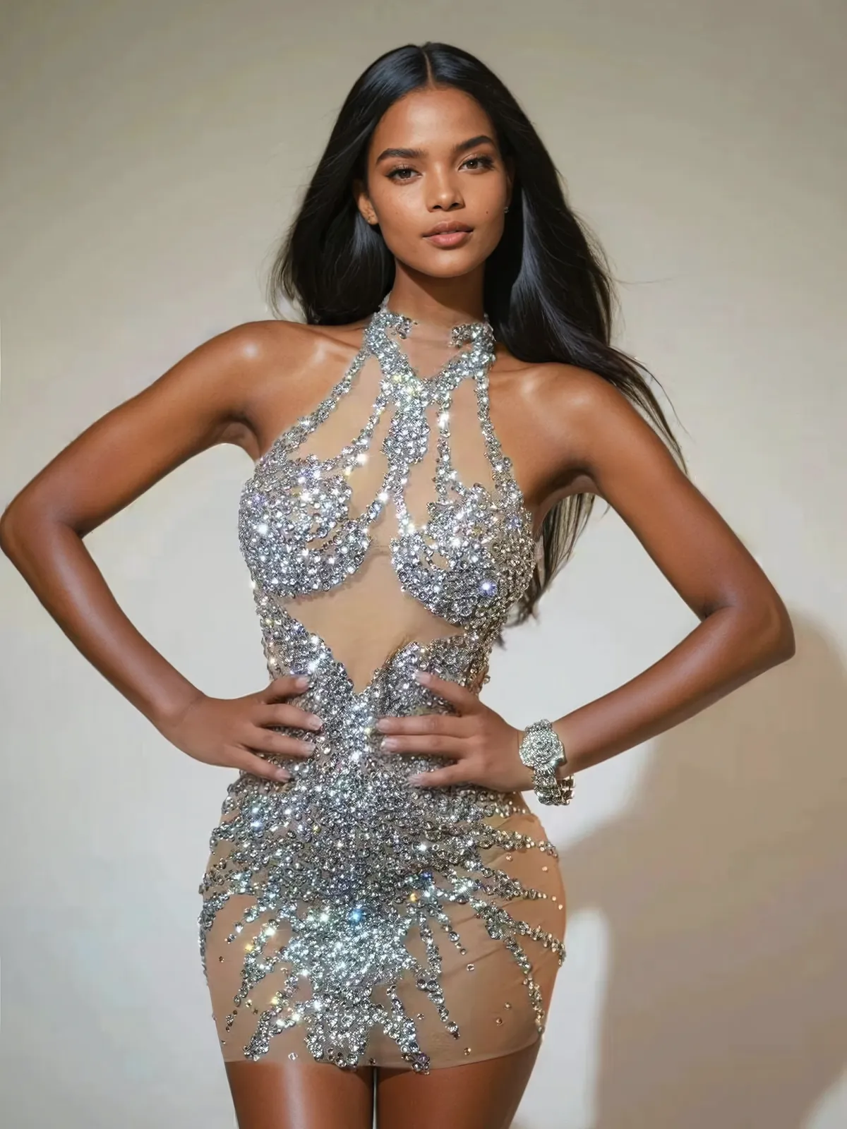 Lexiss Halterneck Rhinestone Mini Dress In Silver sold by Mew Mews