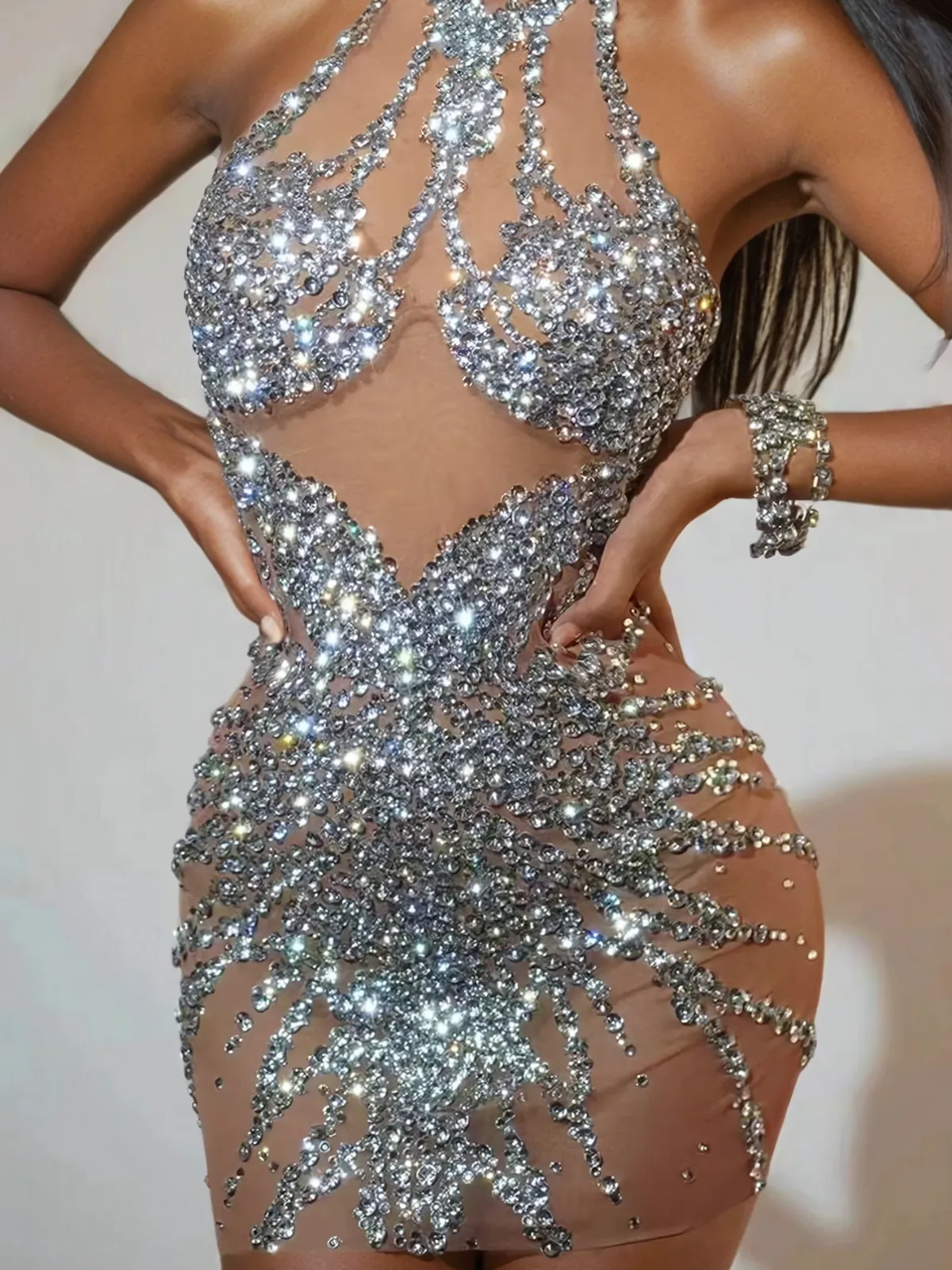 Lexiss Halterneck Rhinestone Mini Dress In Silver sold by Mew Mews product image thumbnail 2