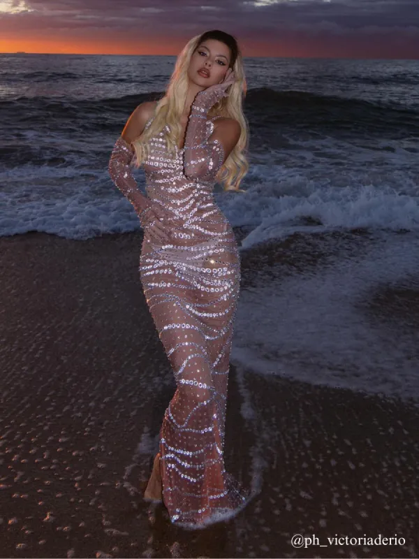 Amahl Spaghetti Rhinestone Mesh Maxi Dress sold by Mew Mews