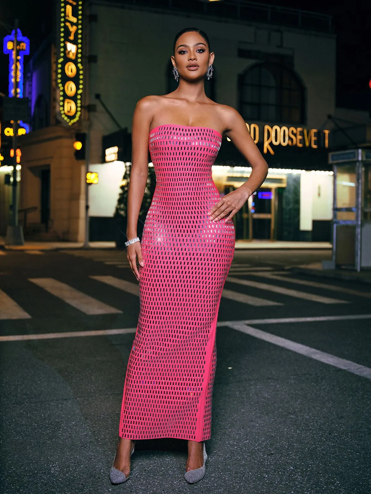 Ridley Rhinestone Maxi Dress In Hot Pink sold by Mew Mews