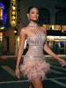 Tamisha Halterneck Rhinestone Feather Mini Dress sold by Mew Mews