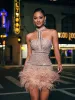 Tamisha Halterneck Rhinestone Feather Mini Dress sold by Mew Mews
