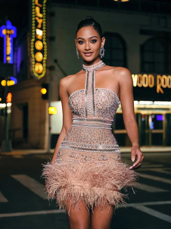 Tamisha Halterneck Rhinestone Feather Mini Dress sold by Mew Mews