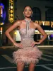 Tamisha Halterneck Rhinestone Feather Mini Dress sold by Mew Mews
