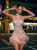 Tamisha Halterneck Rhinestone Feather Mini Dress sold by Mew Mews