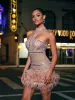 Tamisha Halterneck Rhinestone Feather Mini Dress sold by Mew Mews