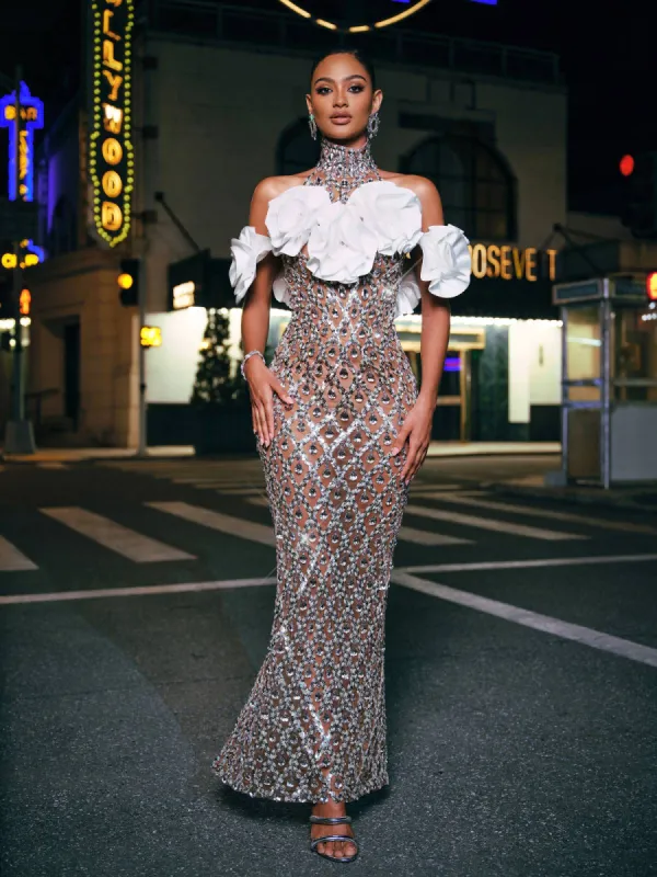 Liora Flower Sequin Crystal Maxi Dress sold by Mew Mews