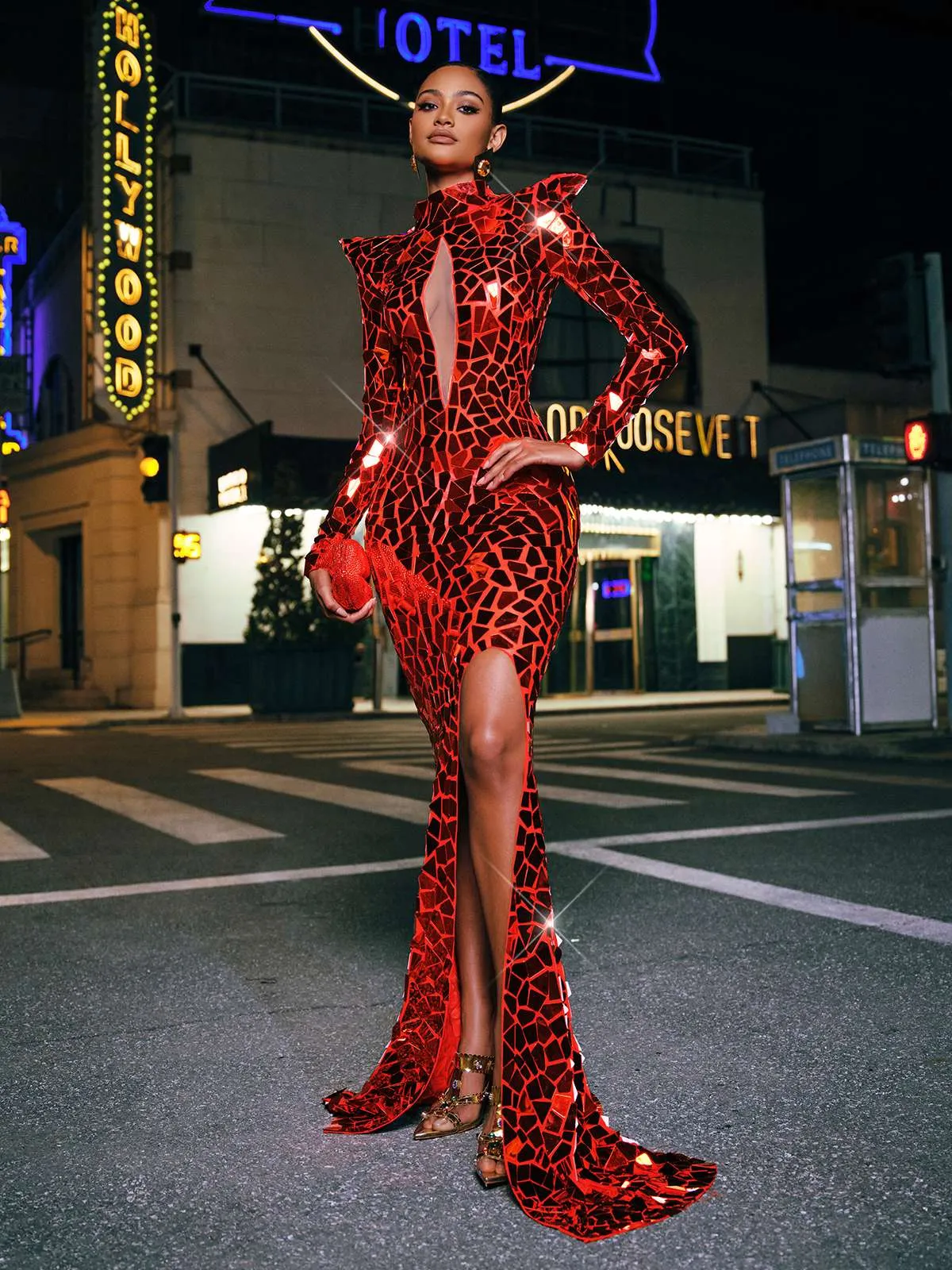 Kellan Long Sleeve Embellished Split Maxi Dress In Red sold by Mew Mews product image thumbnail 4
