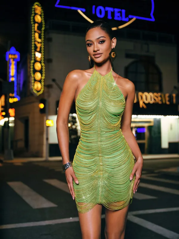 Cinzia Halterneck Diamond Chain Mesh Mini Dress In Green sold by Mew Mews