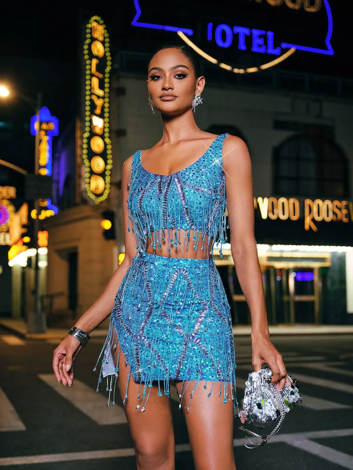 Colette Crystal Chain Fringe Split Skirt Set In Blue sold by Mew Mews product image thumbnail 4