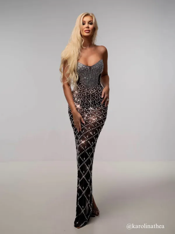 Gunnar Strapless Rhinestone Mesh Maxi Dress sold by Mew Mews
