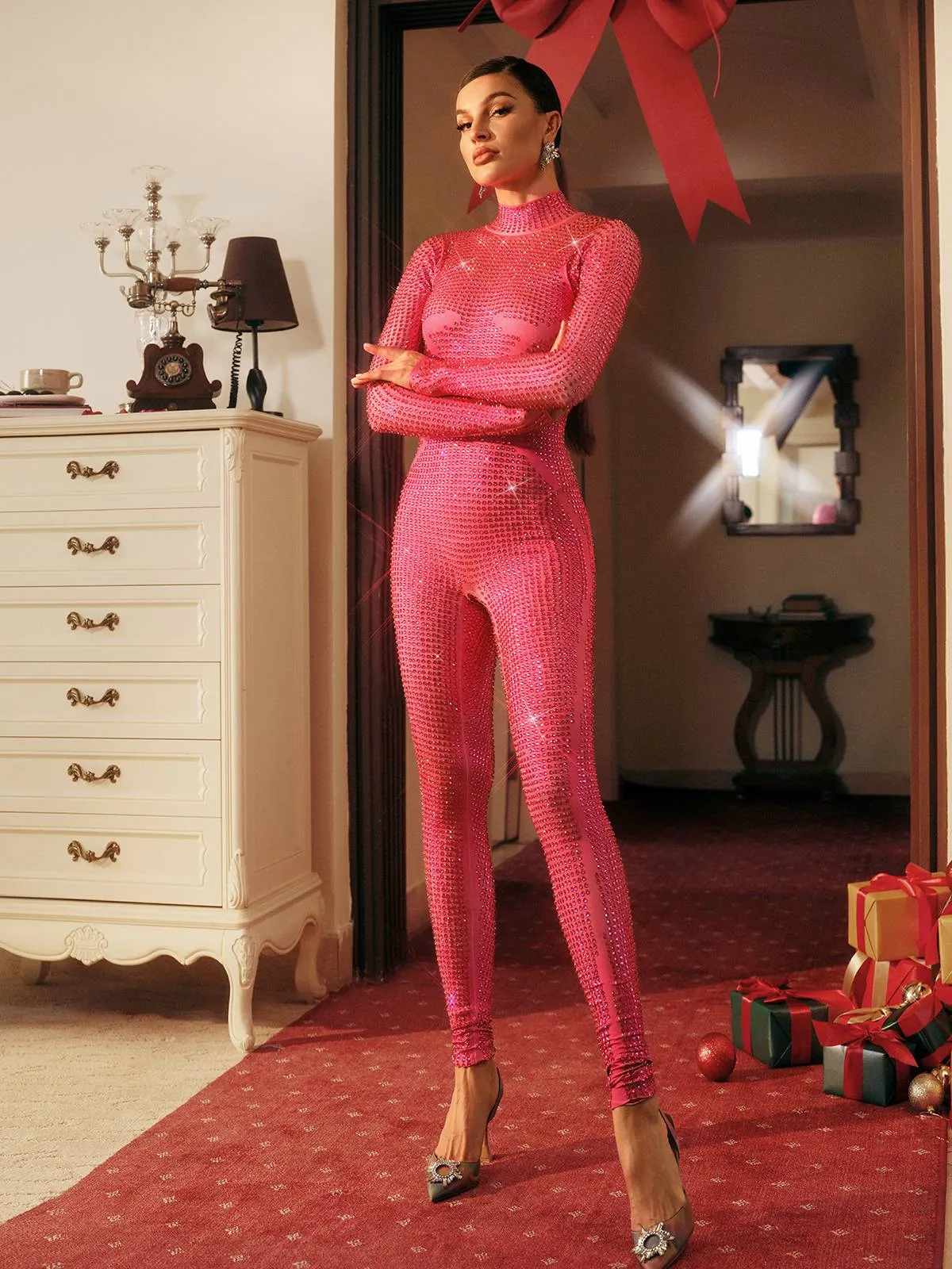 Rosalyn Long Sleeve Rhinestone Jumpsuit In Hot Pink sold by Mew Mews product image thumbnail 4