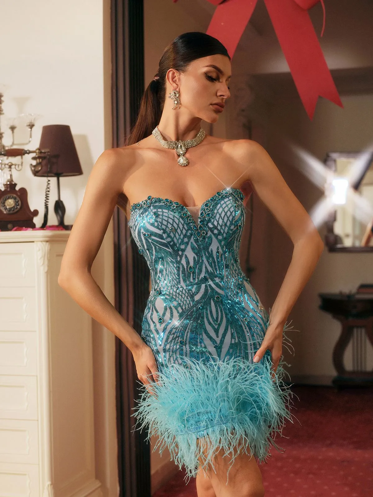 Blissany Strapless Rhinestone Feather Mini Dress sold by Mew Mews product image thumbnail 2