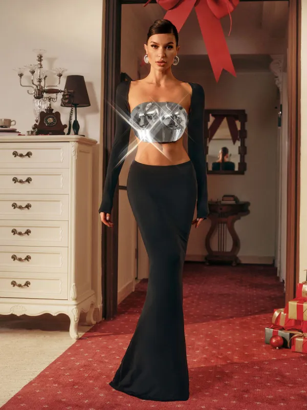 Vernon Long Sleeve Cutout Maxi Dress In Black made by Mew Mews