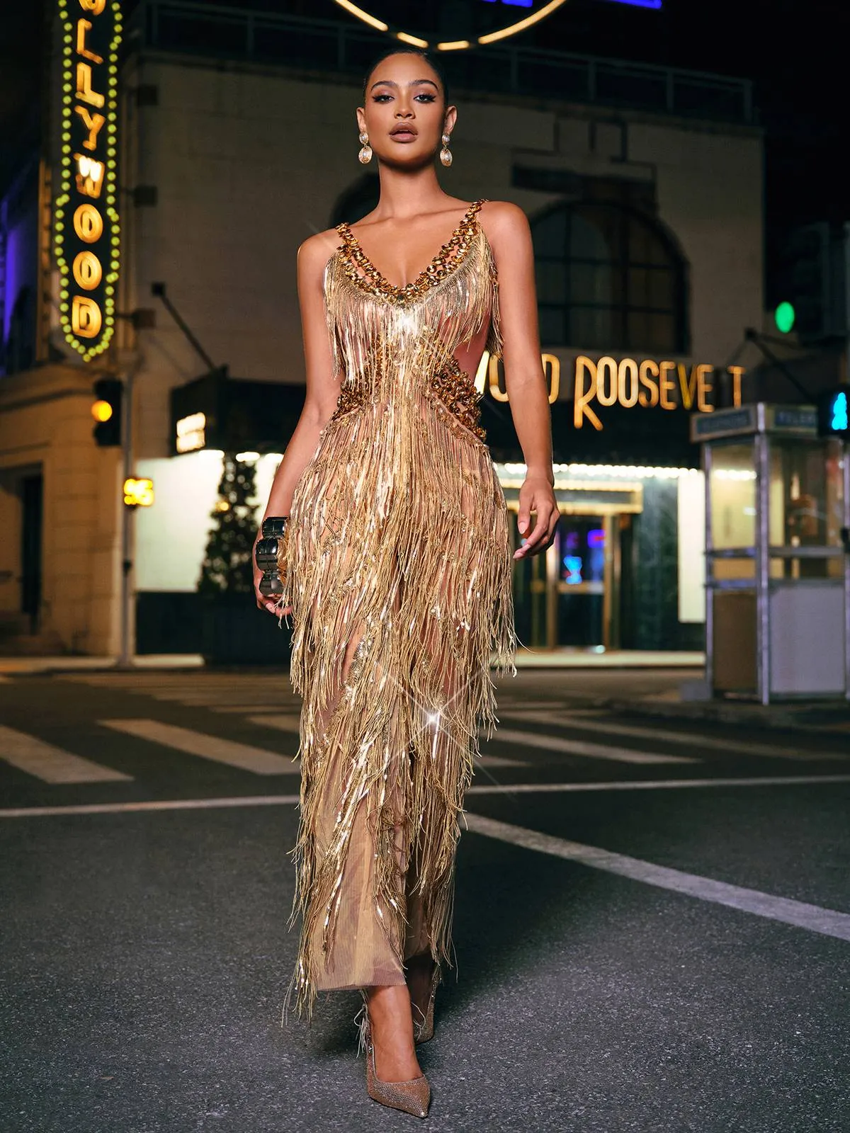 Charnita V Neck Rhinestone Fringe Jumpsuit sold by Mew Mews