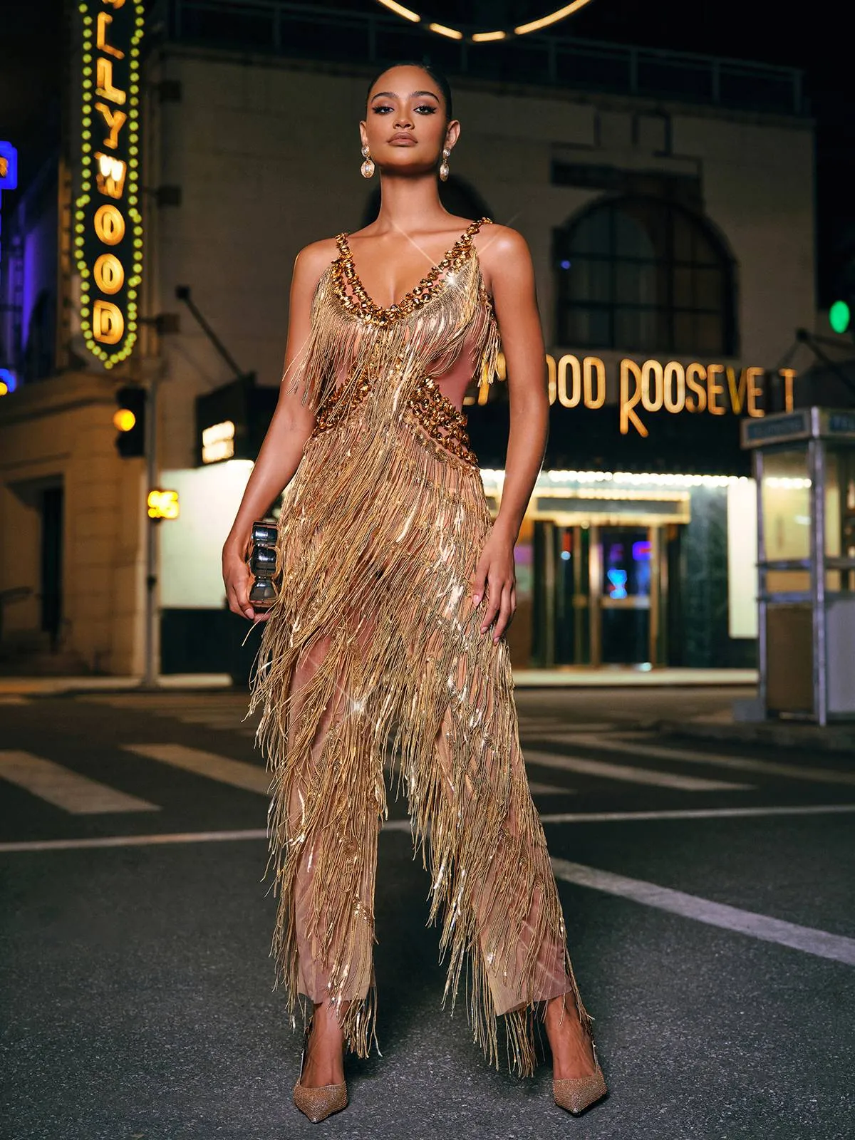 Charnita V Neck Rhinestone Fringe Jumpsuit sold by Mew Mews product image thumbnail 4