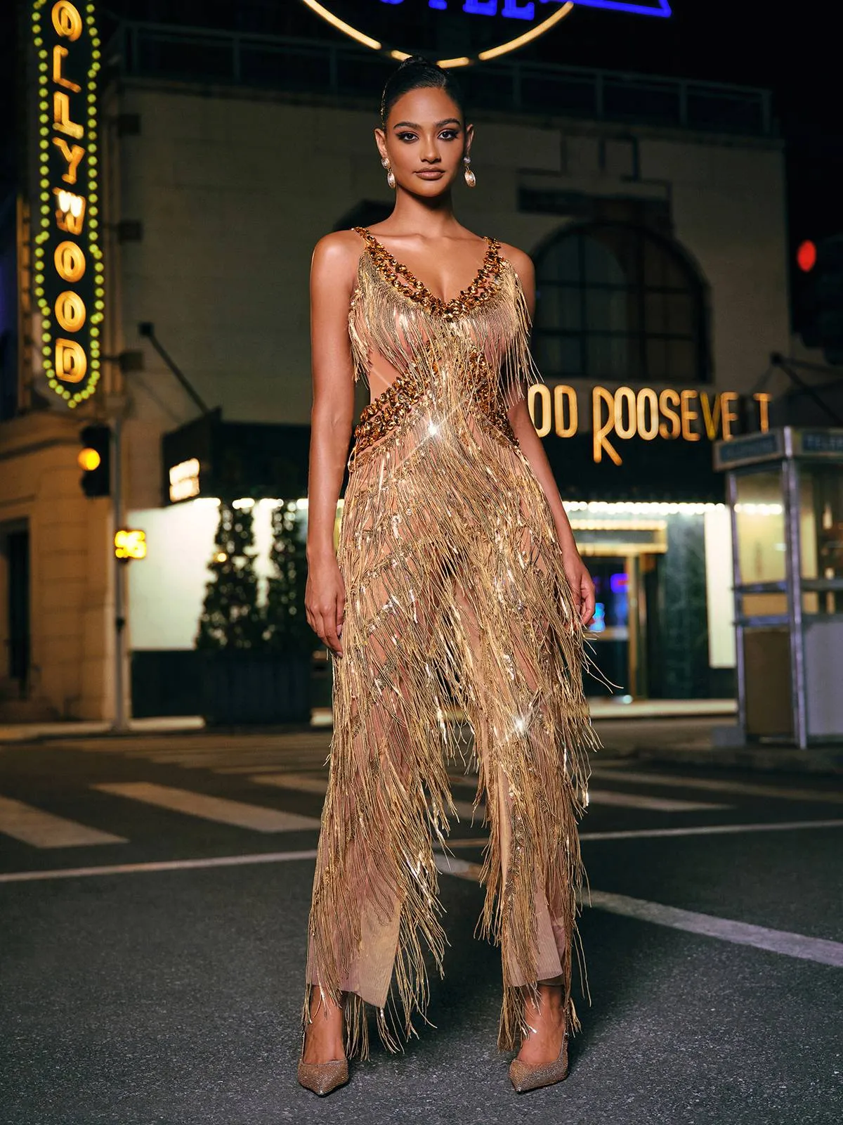 Charnita V Neck Rhinestone Fringe Jumpsuit sold by Mew Mews product image thumbnail 5